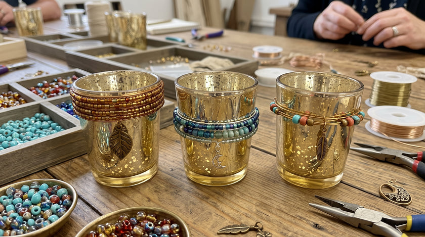 Gold mercury glass votives wrapped in beaded wire with hanging charms