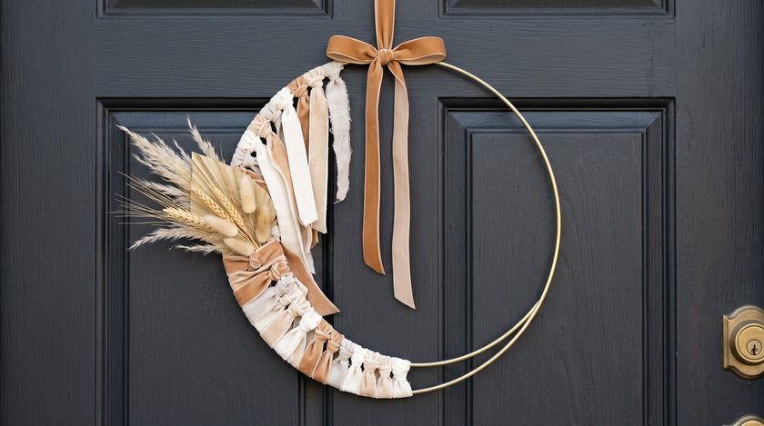 Crescent velvet wreath on a double gold hoop with dried wheat and bunny tail grass
