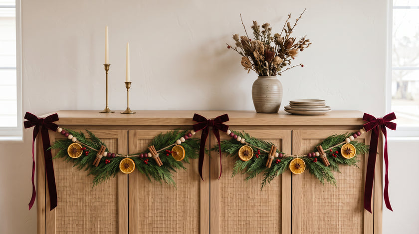 Dried citrus and cedar garland with burgundy velvet bows draped across a sideboard