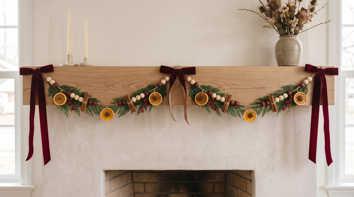 Dried orange and cinnamon garland with cedar and burgundy velvet bows on a wood mantel