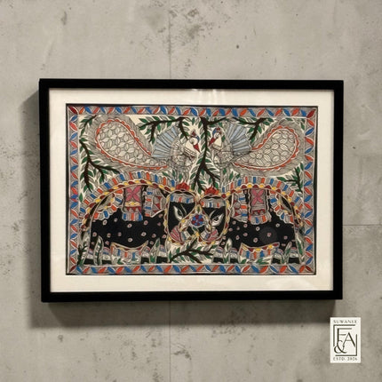 Suwanee Frame & Art framed Madhubani painting of elephants and peacocks with intricate details and vibrant colors on paper.