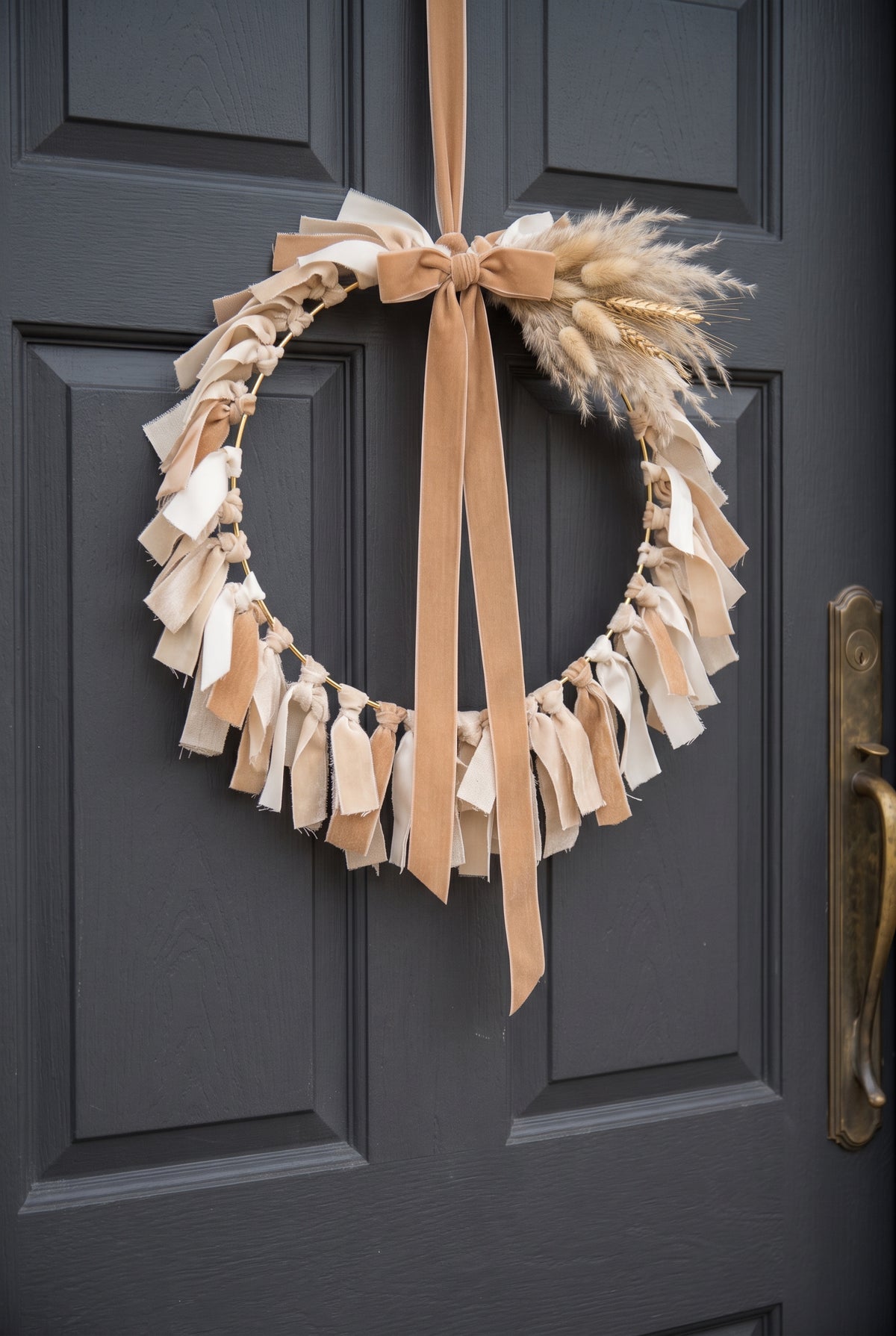Neutral velvet ribbon wreath on a gold hoop with dried grasses and a caramel velvet bow