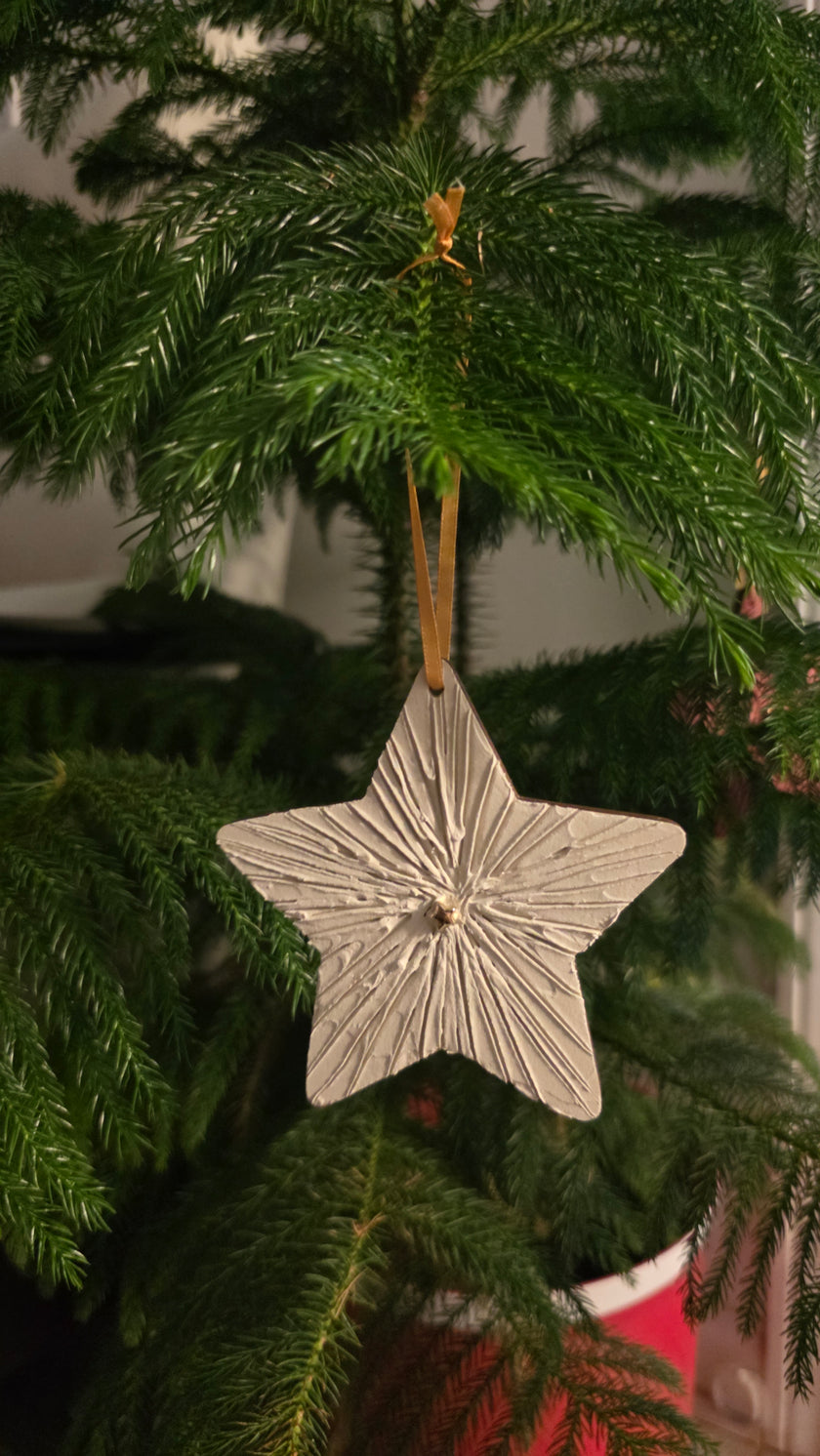 White textured plaster star ornament hanging on an evergreen tree
